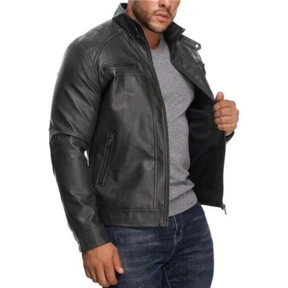 New Men’s Stand Collar Leather Jacket Coat with Zipper Pockets - Picture 7 of 8